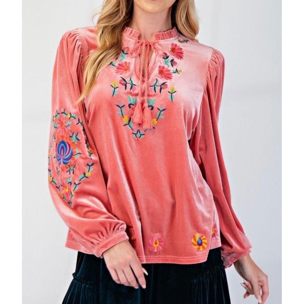 Easel Velvet Pink Embroidered Boho Peasant Top Bishop Sleeve Women Medium NWT